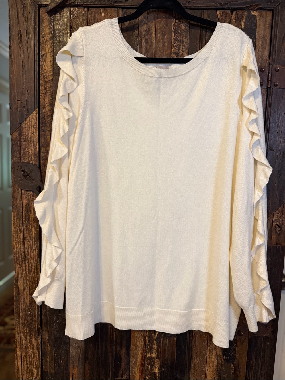 Chico’s Size 4 XXL Ivory Ruffle Sleeve Sweater Linen Silk Blend Elegant
